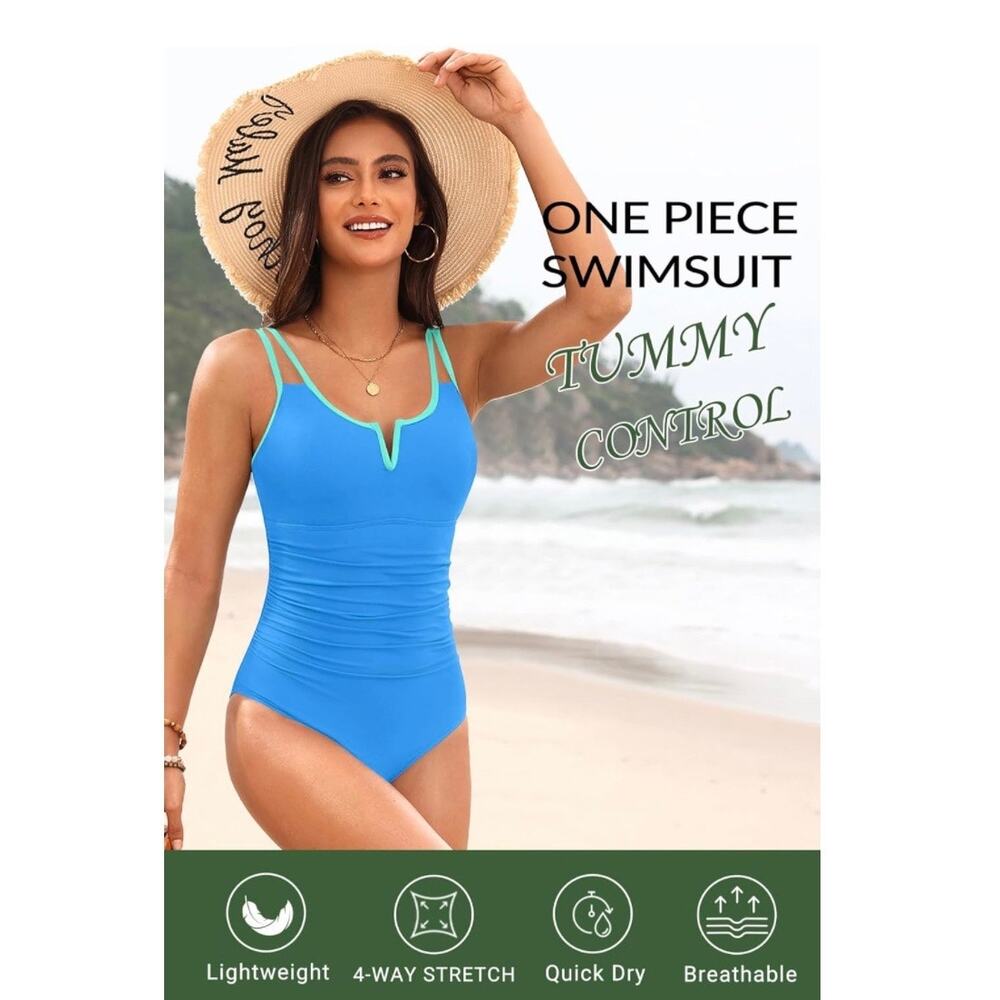 Yonique Women Blue One Piece Swimsuit Tummy Control Ruched V Neck Swimwear M - Picture 4 of 8